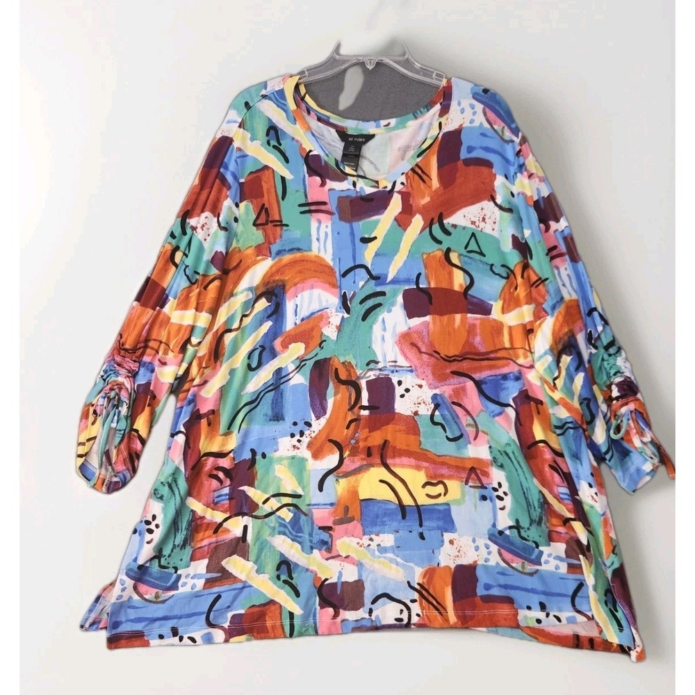 Ali Miles 2X Colorful Beach Wearable Art Floral Blouse Shirt Top Artsy Resort